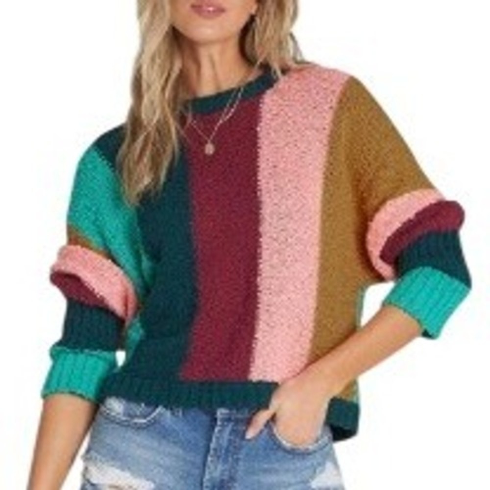 Billabong Easy Going Textured Striped Cropped‎ 3/4 Sleeve Sweater Size Small